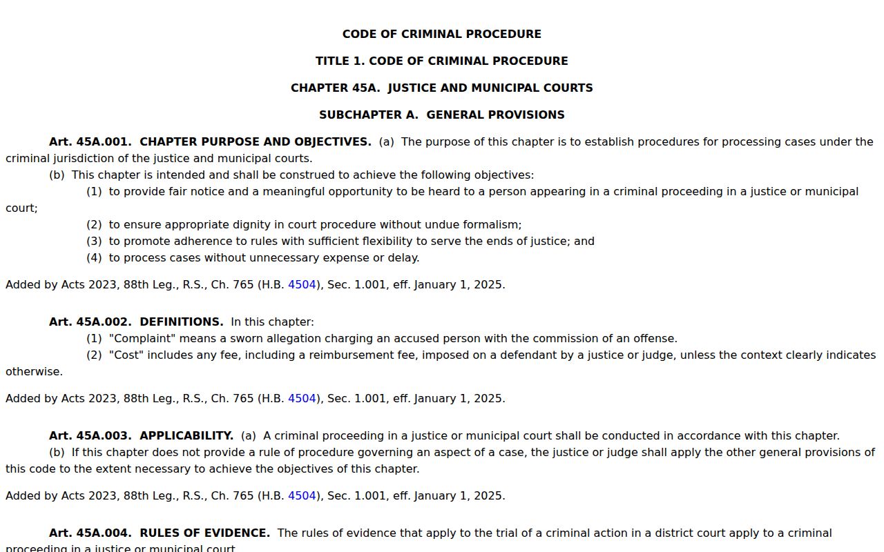 Texas Code of Criminal Procedure Chapter 45A justice and municipal court text