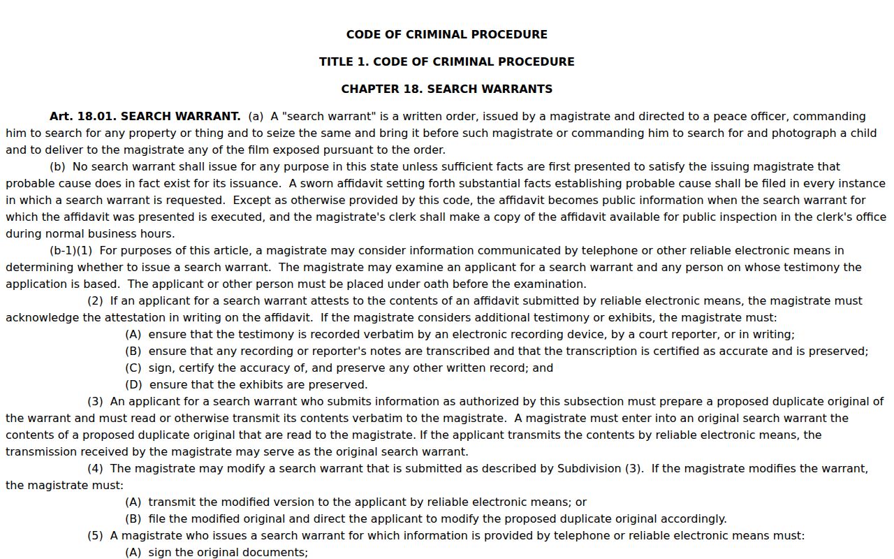 Texas Code of Criminal Procedure Chapter 18 search-warrant affidavit rule