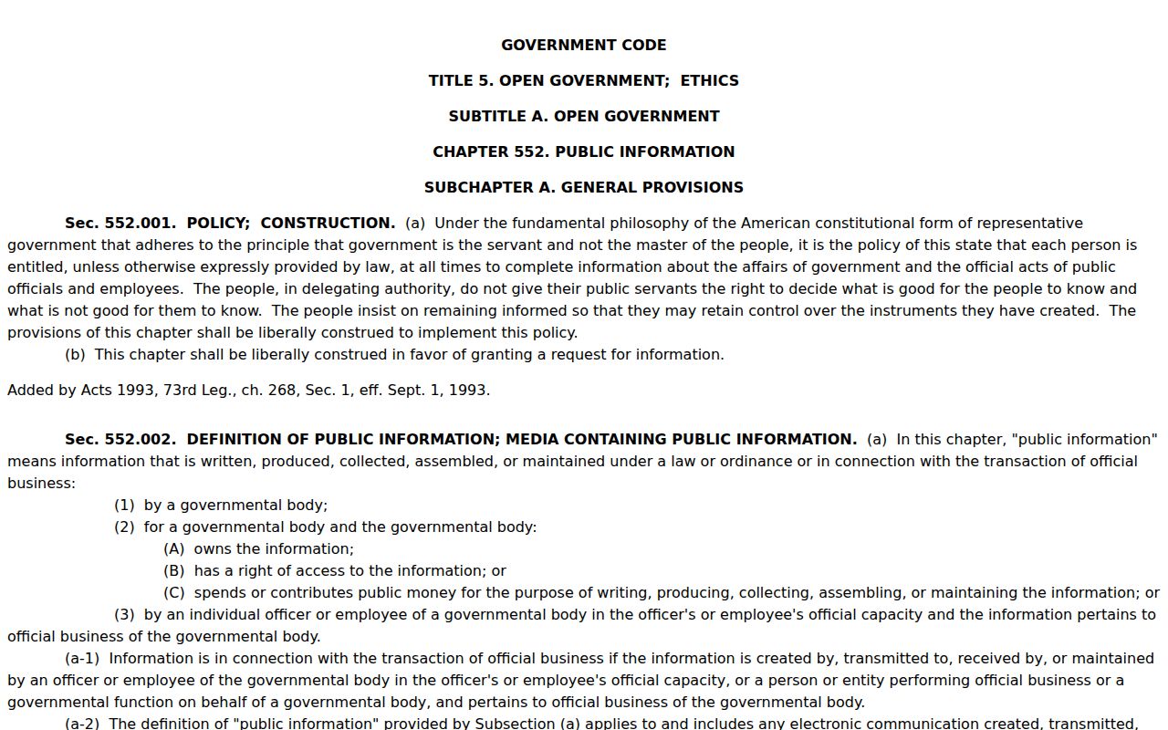 Texas Government Code Chapter 552 public information law