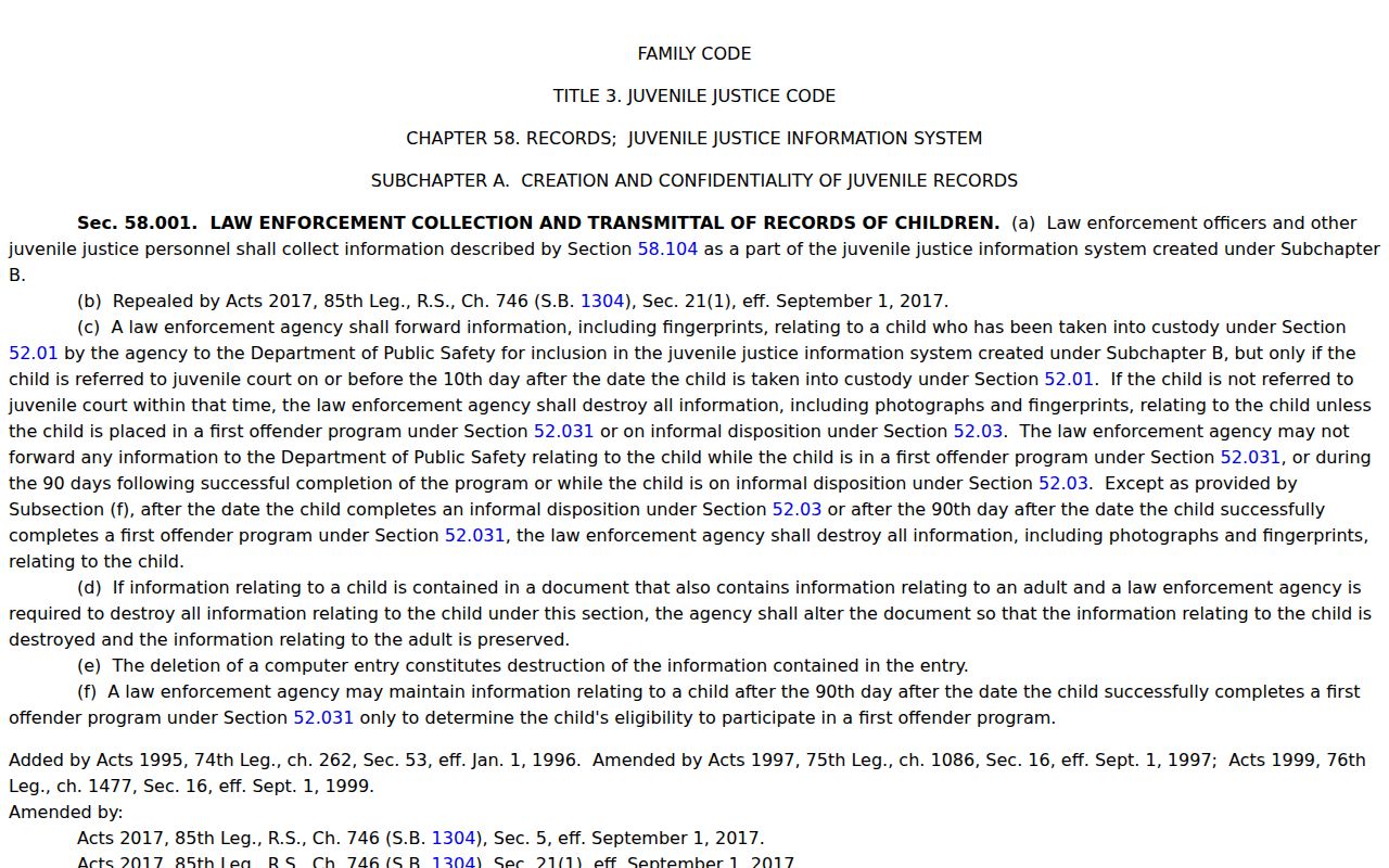 Texas Family Code page covering juvenile warrant confidentiality