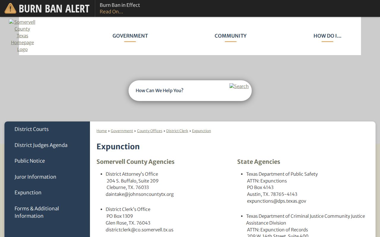 Somervell County expunction information and agency contacts