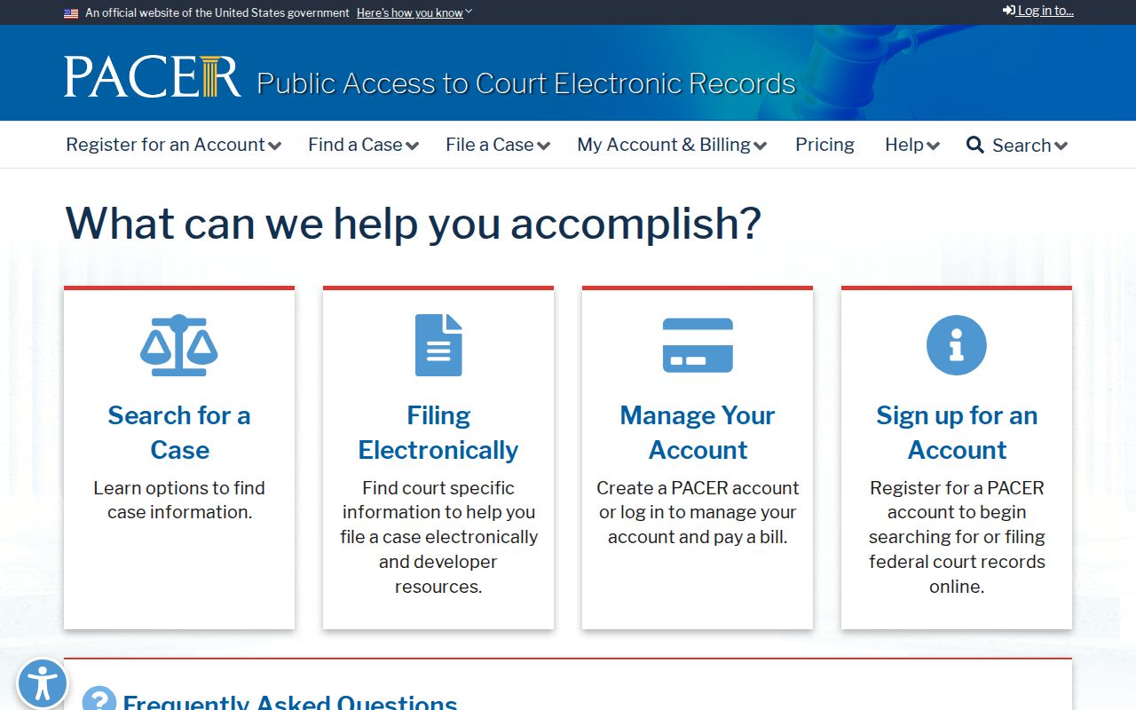 PACER federal court case locator and search landing page