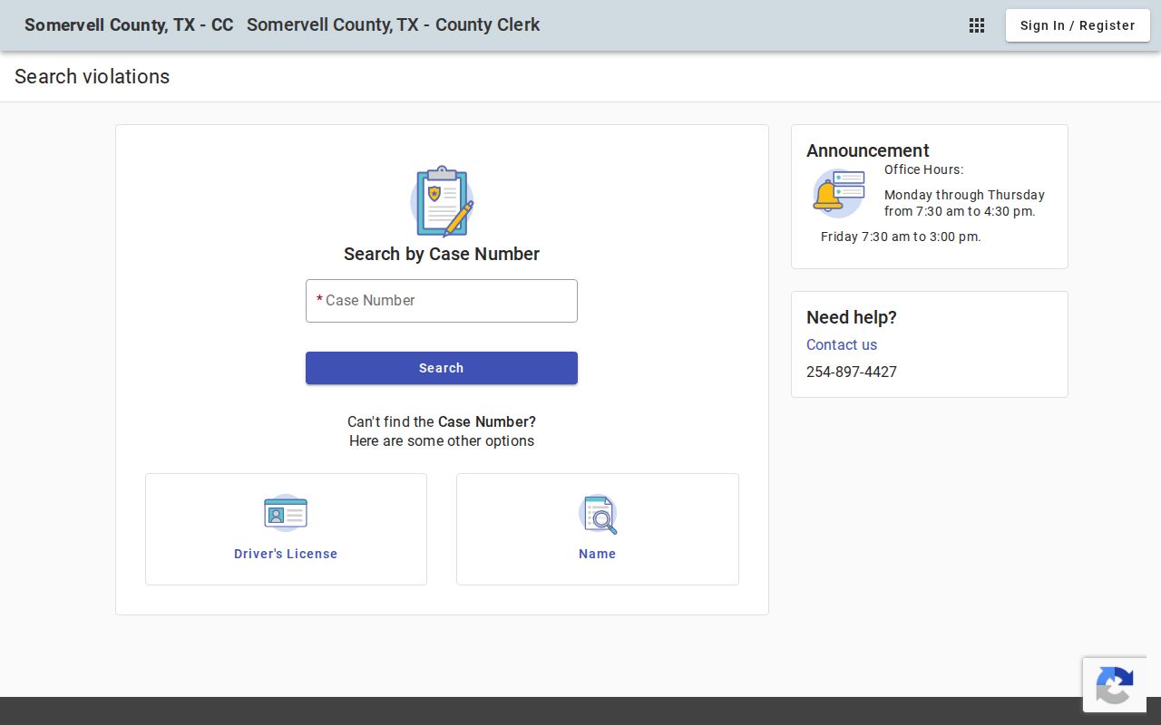 Somervell County Clerk case search interface