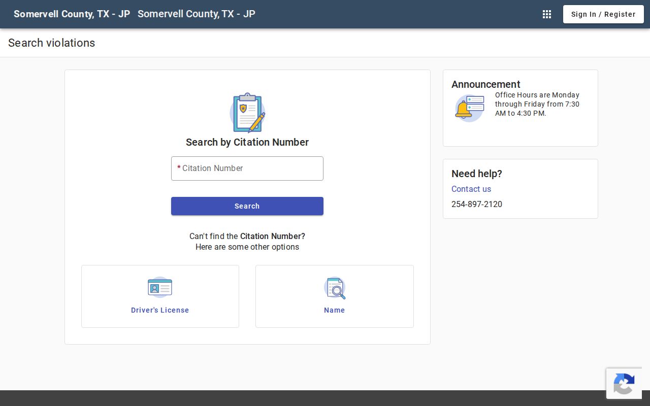 Somervell County JP citation and violation search interface