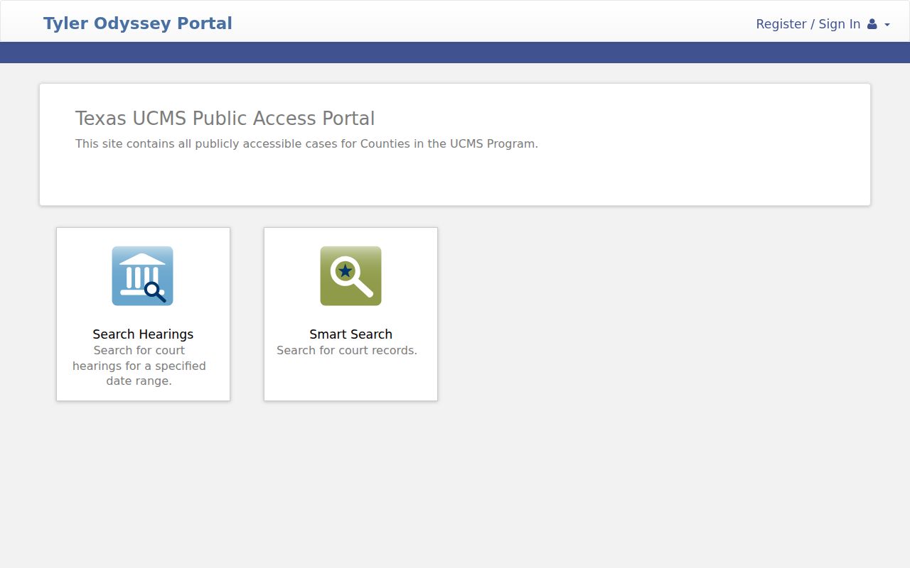 Tyler UCMS public access landing page with Smart Search and hearing search